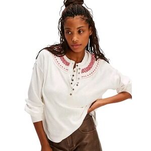 Free People Thermal Embroidered Oversized Holly Henley Top Sz XS